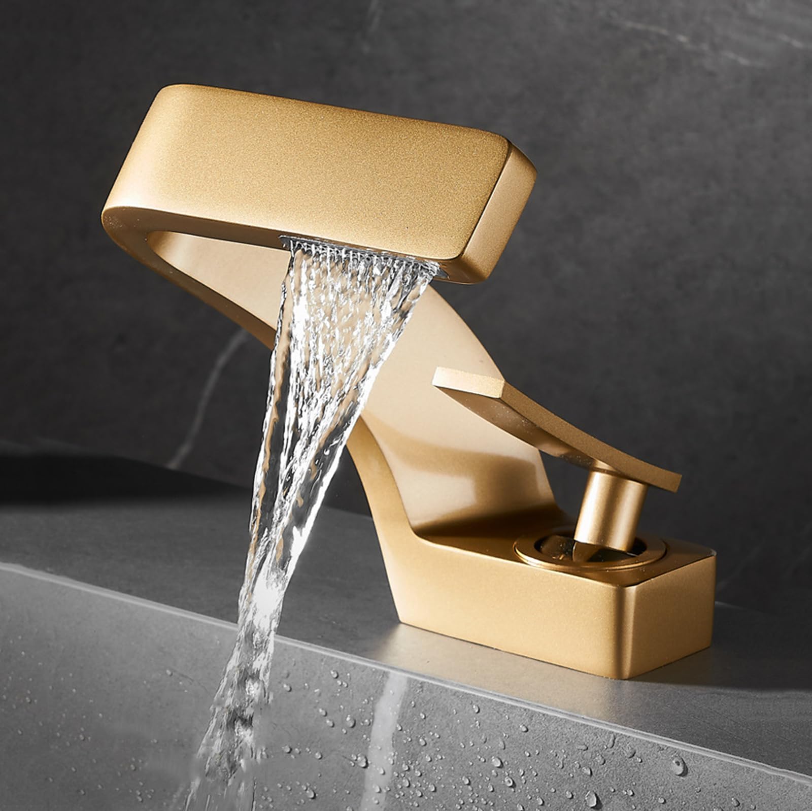 SOHNVWTGD Waterfall Basin Taps Single Hole Waterfall Taps for Bathroom Sink G1/2 Single Lever Sink Taps for Bathroom,Frosted Gold