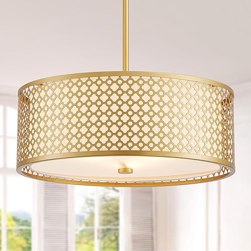 Miniatura 10 de Candelabro de Tambor de Tela Moderno, Lámpara Colgante para Sala de Estar, Dormitorio, Comedor, D18 x 16-54 pulgadas (Altura Ajustable), Marco de