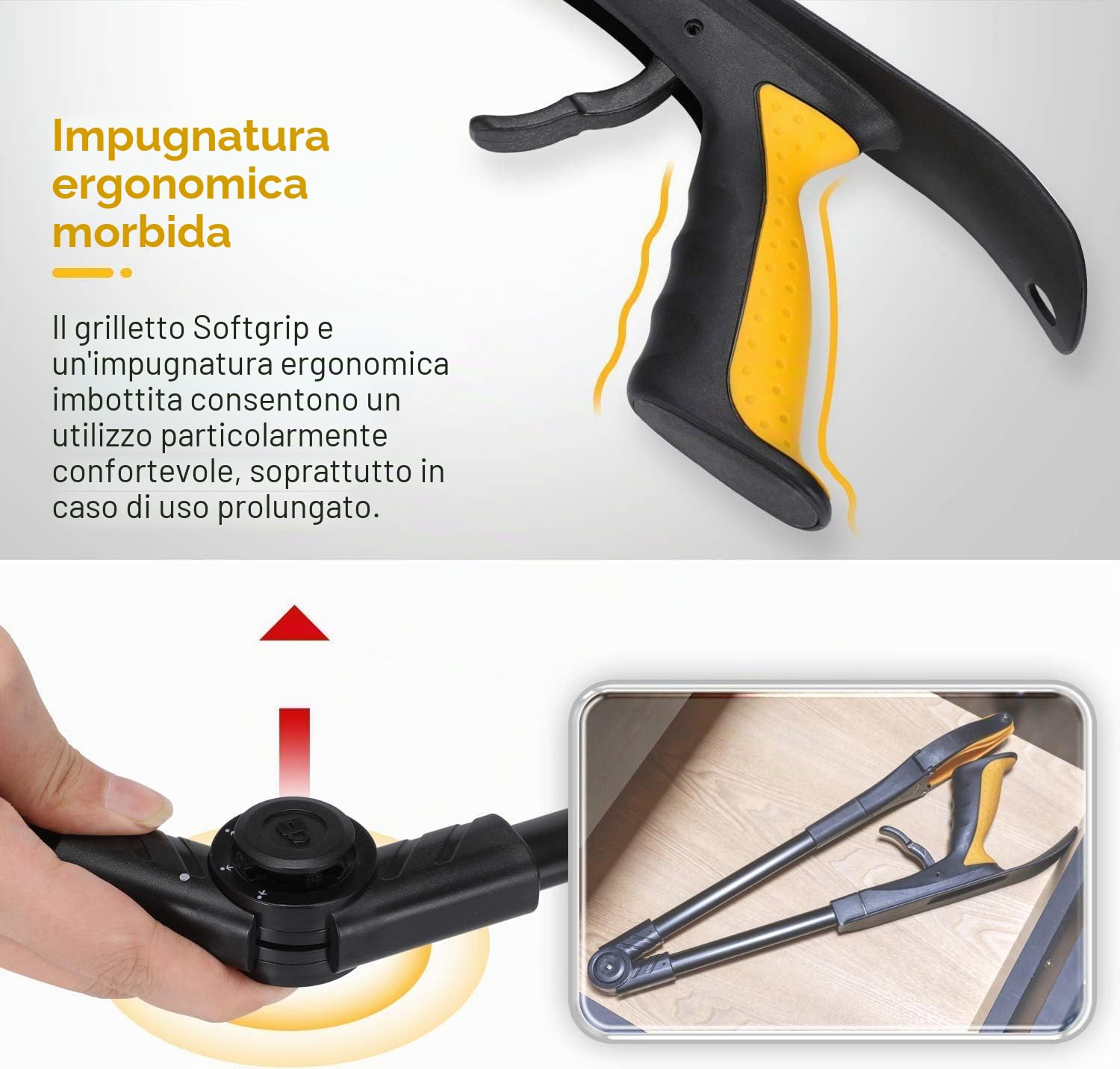 Jellas Pinza Telescopica, 80 cm Pinza Telescopica Pieghevole, Pinza Prensile, Raccoglitore di Immondizia, Pinza Morsetto in Gomma (Giallo)