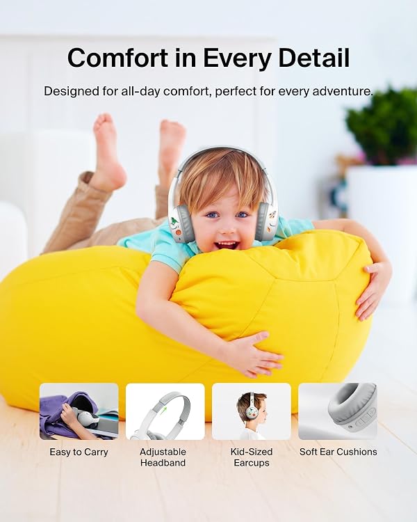 Belkin SoundForm Mini Kids Wireless Headphones w/Built-in Microphone, 30H of Playback Time, Fun Stickers, & Case - Over-Ear Headsets for Online Learning, School, iPhone, iPad, Galaxy, & More - White by Belkin - Image 6