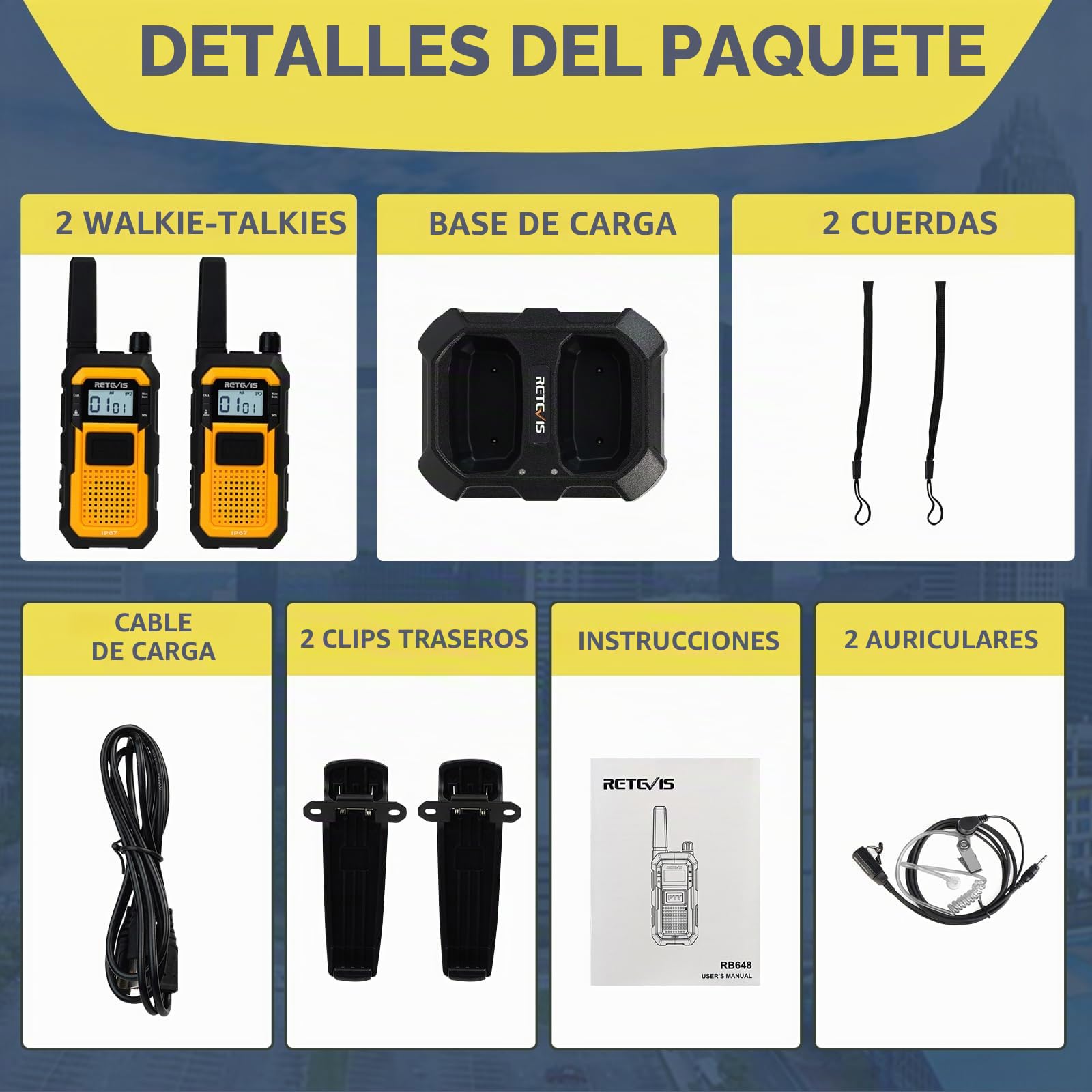 Retevis RB648 Walkie Talkie Impermeable, Walkie Talkies Flotante | MIL-STD-810H 19 Test Duraderos, IP67 Dual PTT, Radio Bidireccional 2000 mAh con Auricular para Obra (2 Piezas, Amarillo)