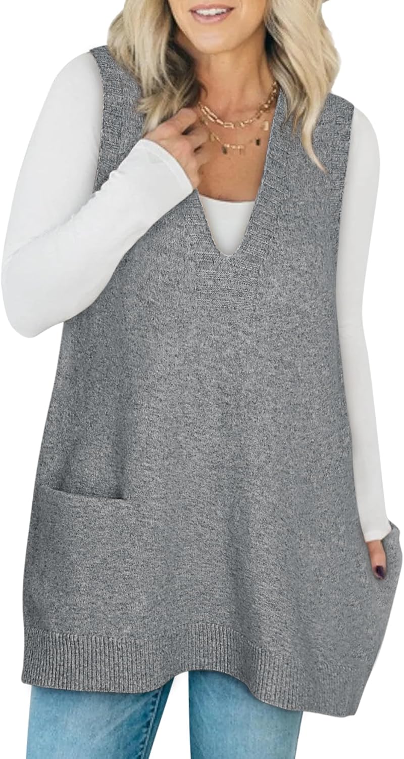 Sweater Vest Women Sleeveless V Neck Oversized Knit Tops Tunic Dress with Pockets Fashion 2026 Spring Clothes - Image 5