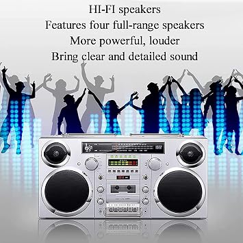 Portable Bluetooth CD Player Boombox - Retro Cassette Player with AM/FM Radio, CD/USB/Cassette/Bluetooth/AUX Input, Built-In Speaker and High Fidelity Sound in Black