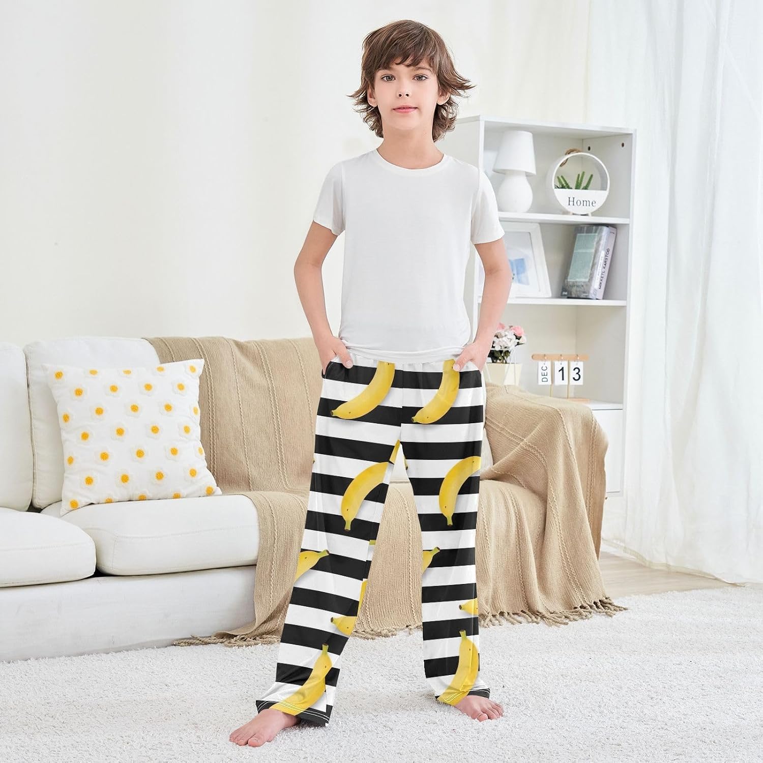 Banana Black White Stripe Pajama Pants, Soft Fall Lounge Sleepwear with Elastic Waist and Pockets