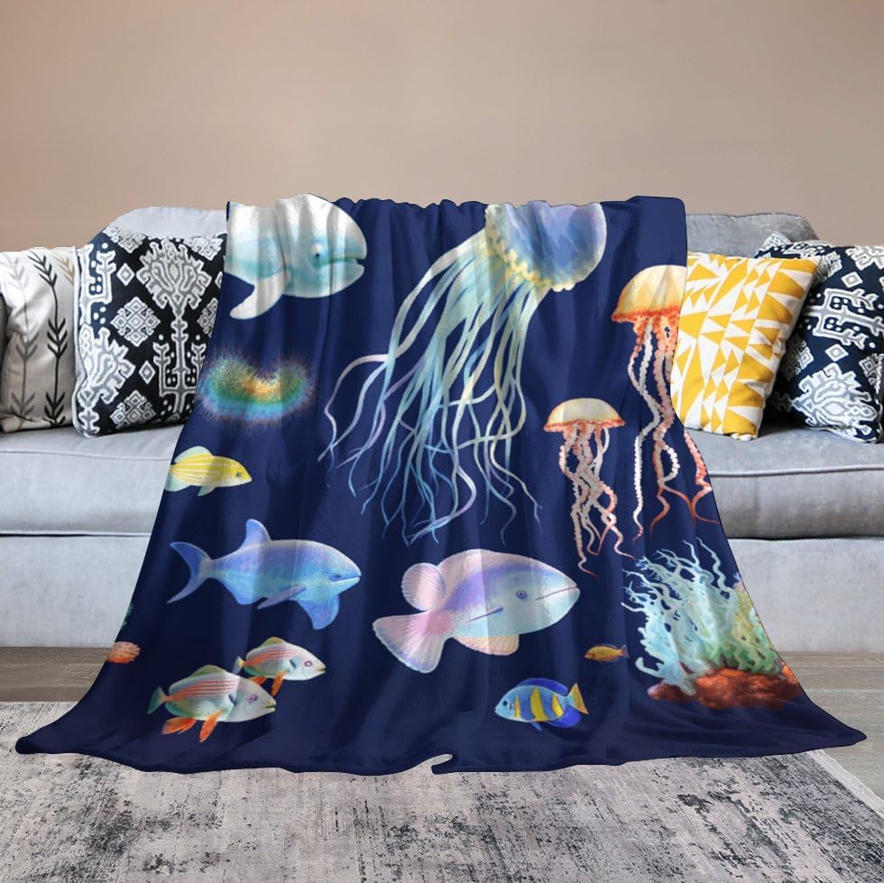 Couverture micro polaire animaux marins 127x152 cm pour lit et canapé