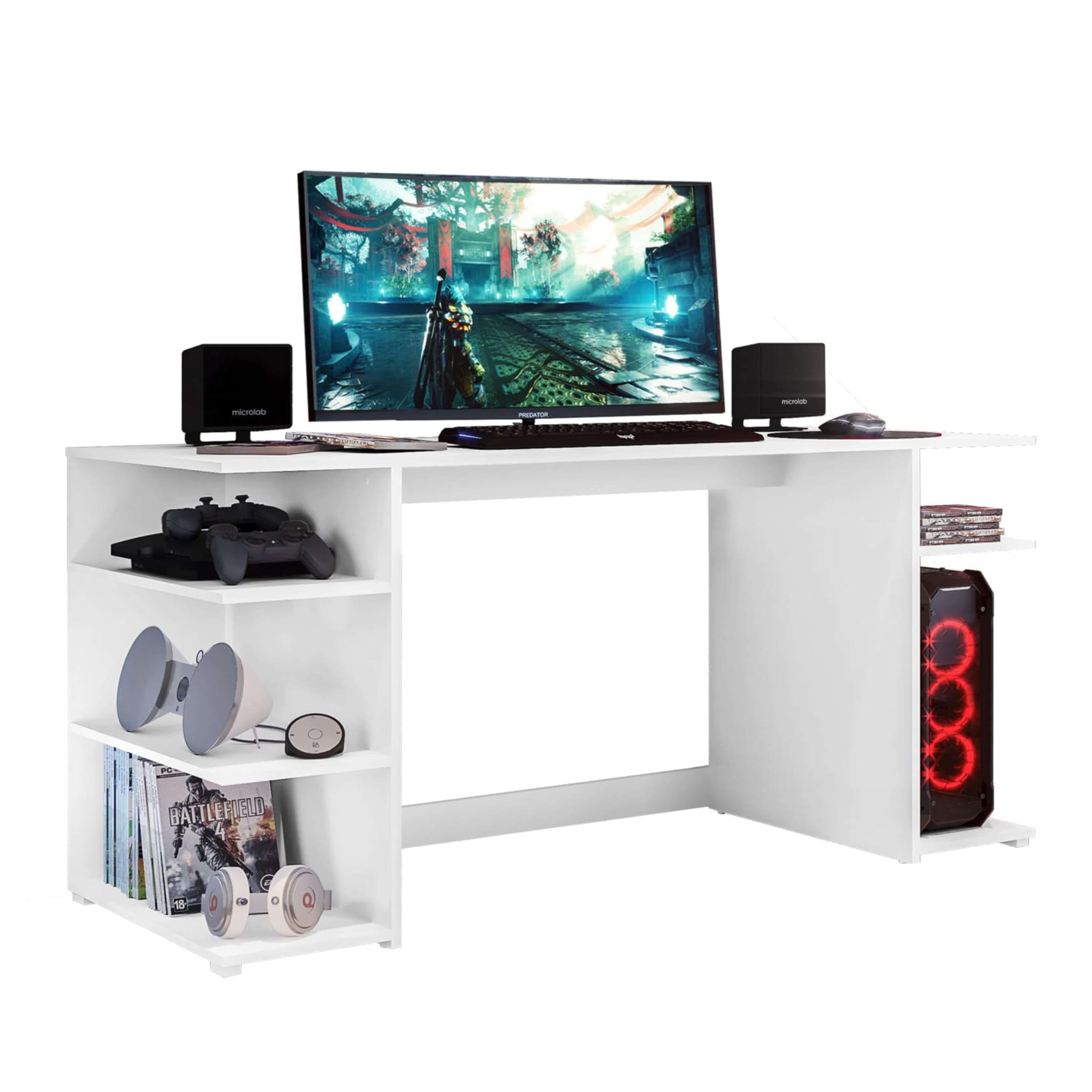 Miroytengo Mesa de Ordenador Tow 5H para Oficina Estilo Contemporáneo en Color Blanco con 3 Estantes y Soporte Torre