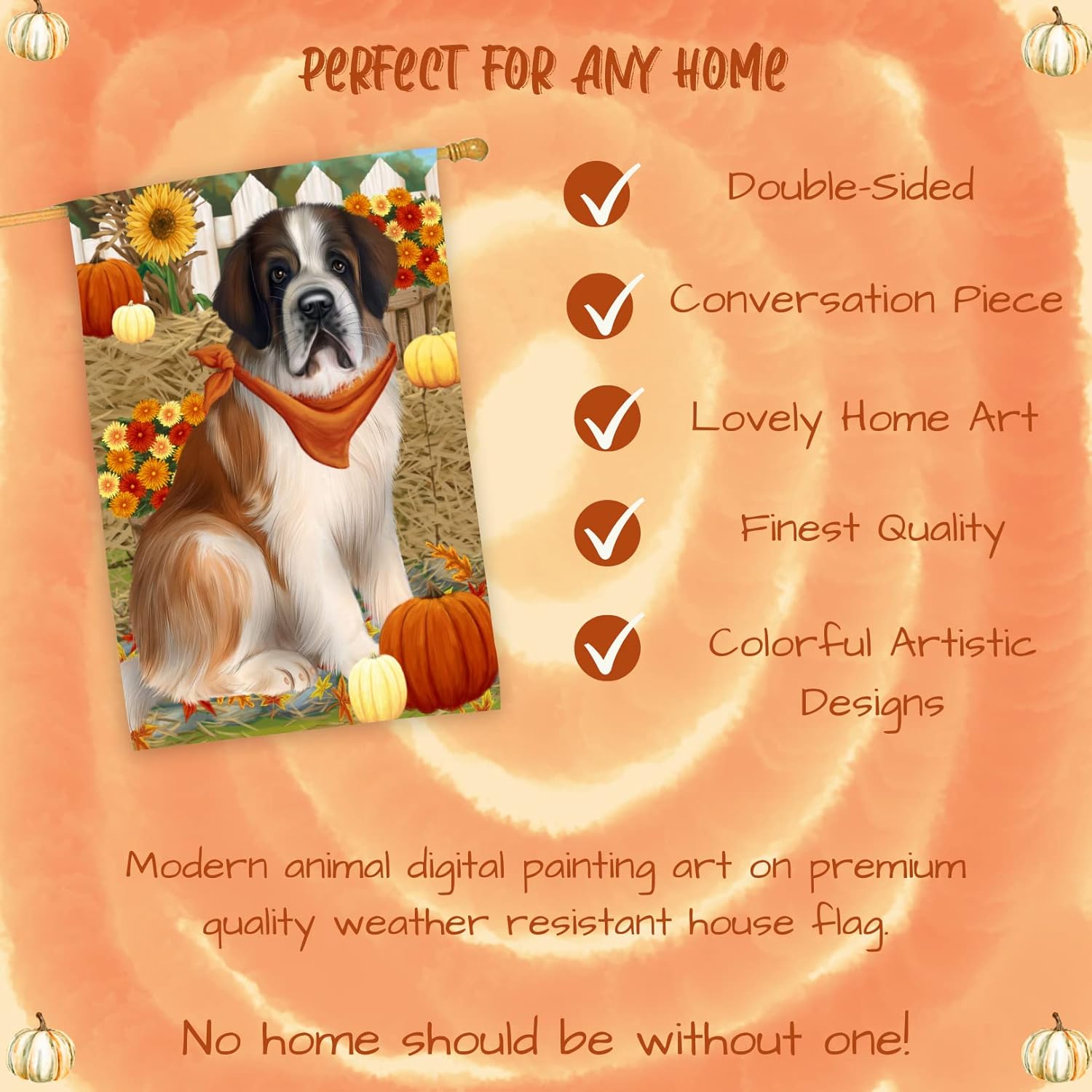 Fall Autumn St. Bernard House Flag 28x40 Double Sided – Pumpkin Maple Seasonal Yard Banner – Giant Breed Porch Décor – Cozy Harvest Outdoor Display