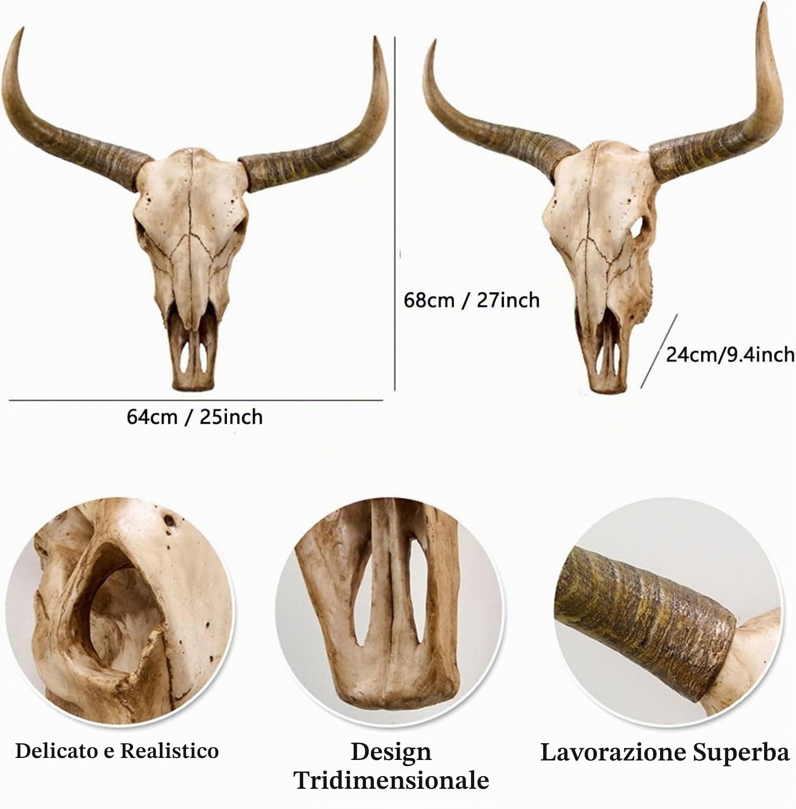 Grande Testa di Toro Animale da Appendere Alla Parete Decorazione In Resina Teschio di Mucca Scultura 3d per Casa Rustica Halloween Creativo(H-68 * 64cm/26 * 25in)