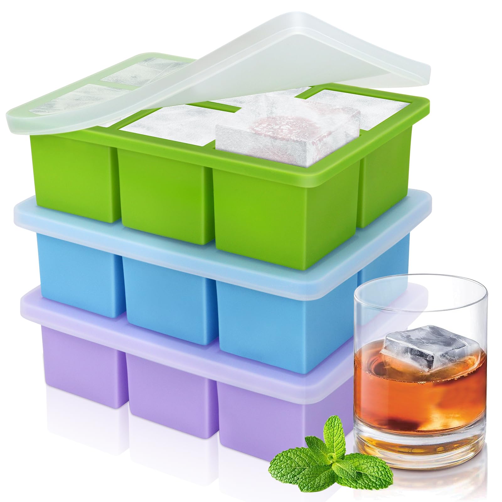 Eiswürfelform, Eiswürfelbehälter Groß 3er-Pack, XXL Eiswürfelbehälter mit Deckel für 5 cm 18 Eiswürfel, BPA-freie Eiswürfelform Silikon für Babybrei Cocktails Whisky Wein Eiscreme Eistee