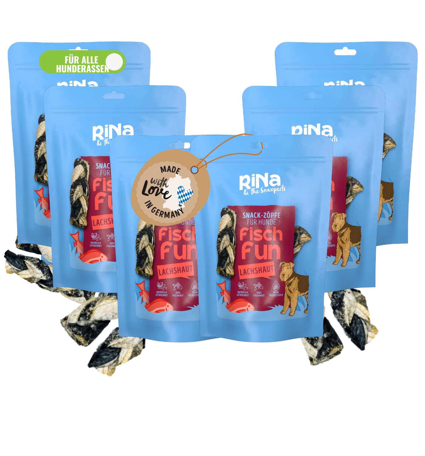 100% LACHS-ZÖPFE aus Lachshaut 6x140g Schonend getrocknete Hundesnacks aus Fisch - Lang haltbar, Mit Omega-3, 6 & 9, Proteinreich, nährstoffreich & ohne Zusatzstoffe von RiNa Fisch Hundesnacks