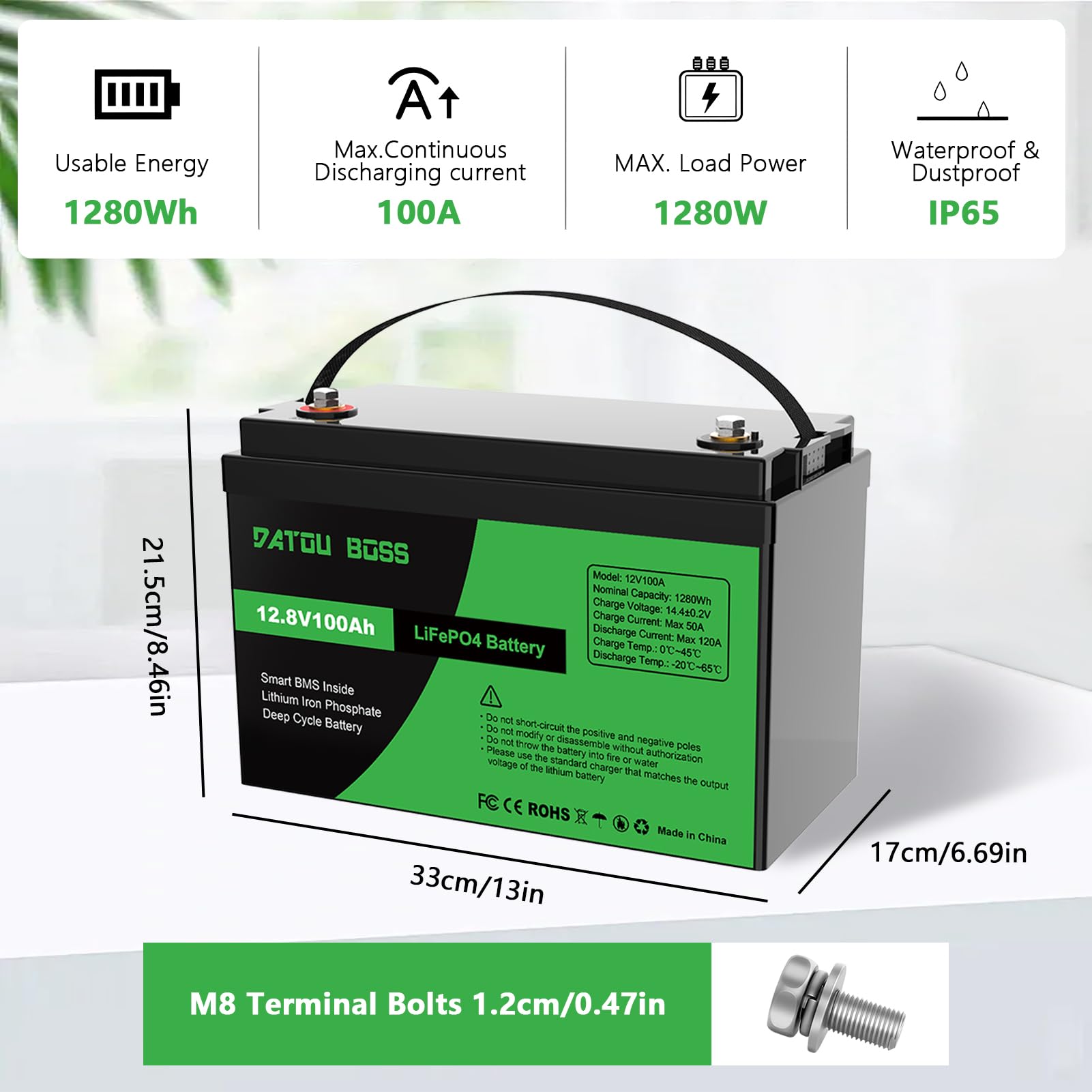 DATOUBOSS 2 * Batteria al Litio 12V 100Ah LiFePO4, BMS 100A Incorporato, Fino a 15.000 Cicli Profondi, Uscita Massima 1280Wh, Supporto Collegamento in Serie/Parallelo, per Camper, Sistema Solare