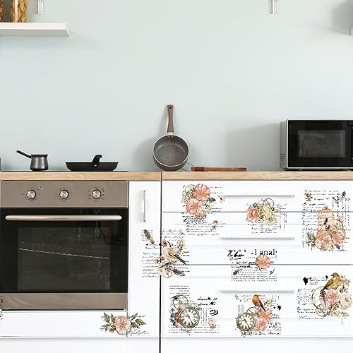 Miniatura 6 de Whaline 10 hojas de transferencia floral vintage para manualidades, reloj de flores, pájaros, frotar en transferir muebles, calcomanías para