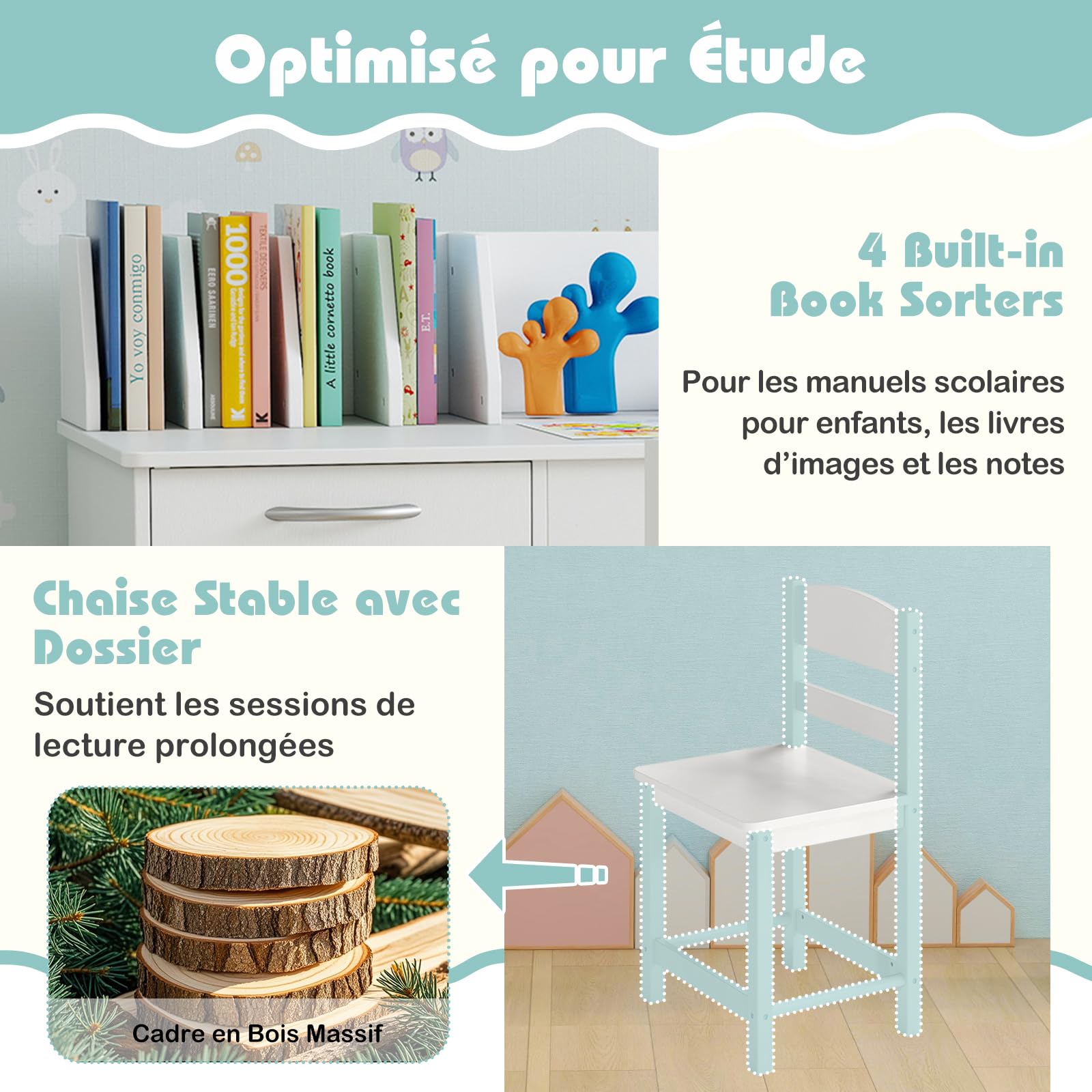 GOPLUS Bureau Enfant Fille Garçon, Table Enfant avec Chaise pour Dessiner, Lire, Bureau avec Rangement 1 Tiroir 2 Armoires, Table d'Étude en Bois pour Chambre, Maternelle (Blanc)