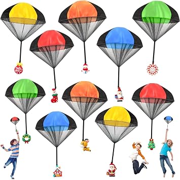Juuxncgv 10Pcs Christmas Parachute Toy,Outdoor Hand Throw Flying Toys for Kids,Tangle Free Throwing Toy for Xmas Party Favors,Stocking Stuffers,Goody Bag Filler,Festival Gifts10 Styles,5 Colors