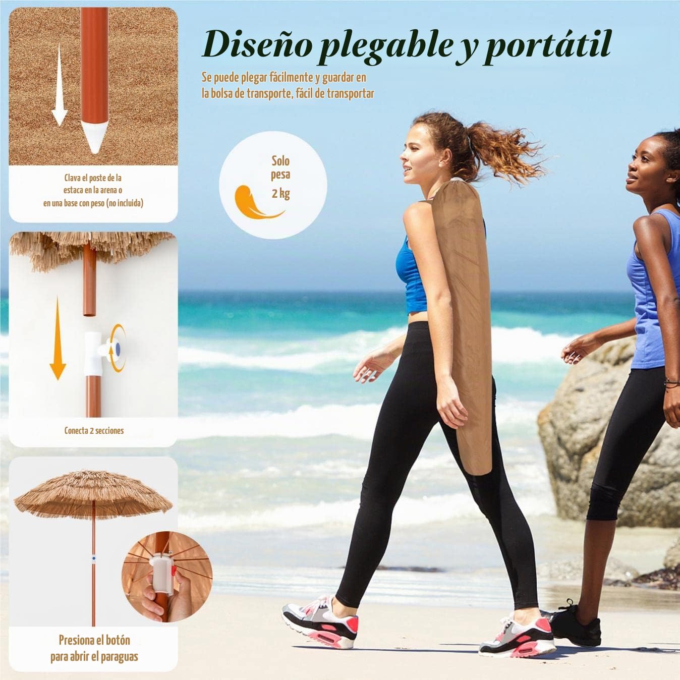 KOMFOTTEU Sombrilla Hawaiana de Playa de Paja PP Inclinable | Parasol de Rafia para Jardín con Altura Regulable, Ø 155 cm, Natural