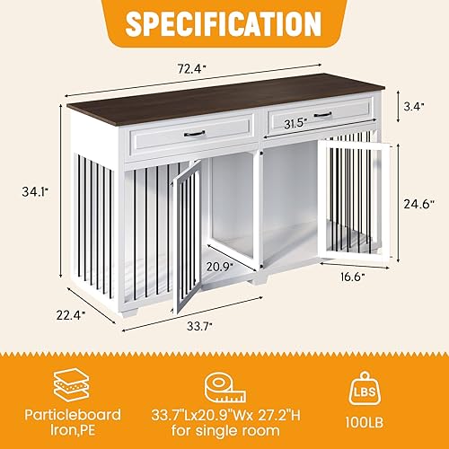 Vista 3 de Mueble grande para perros de 72.4 pulgadas, perrera de madera resistente con cajones, diseño de divisor central, mesa auxiliar XL para 2 perros