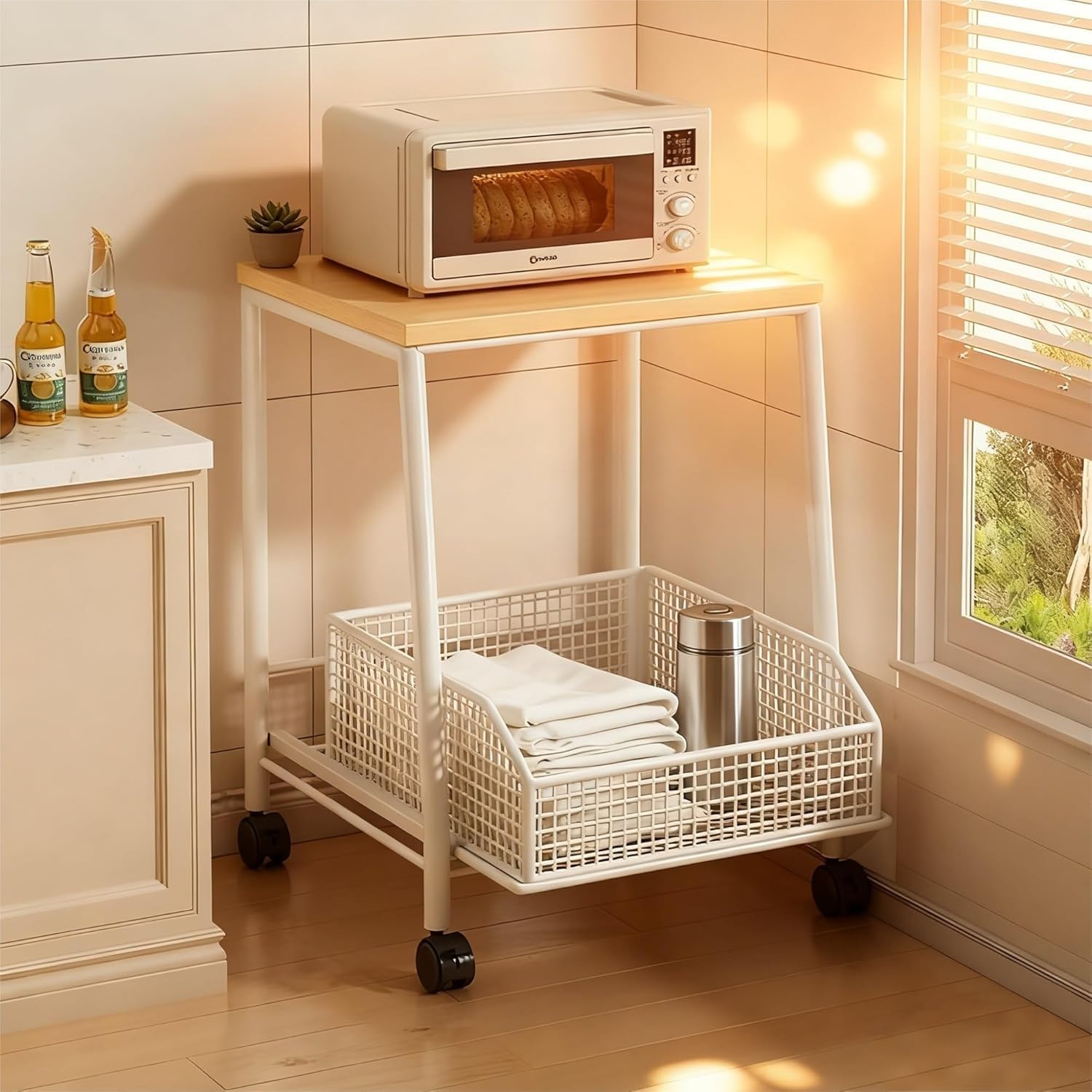 GLJTUO Double Layer Microwave Stand with Wood Countertop Sliding rage for Pantry Office Bedroom - 15.75x13.78in Space-Saving Solution,White-15.75x13.78in