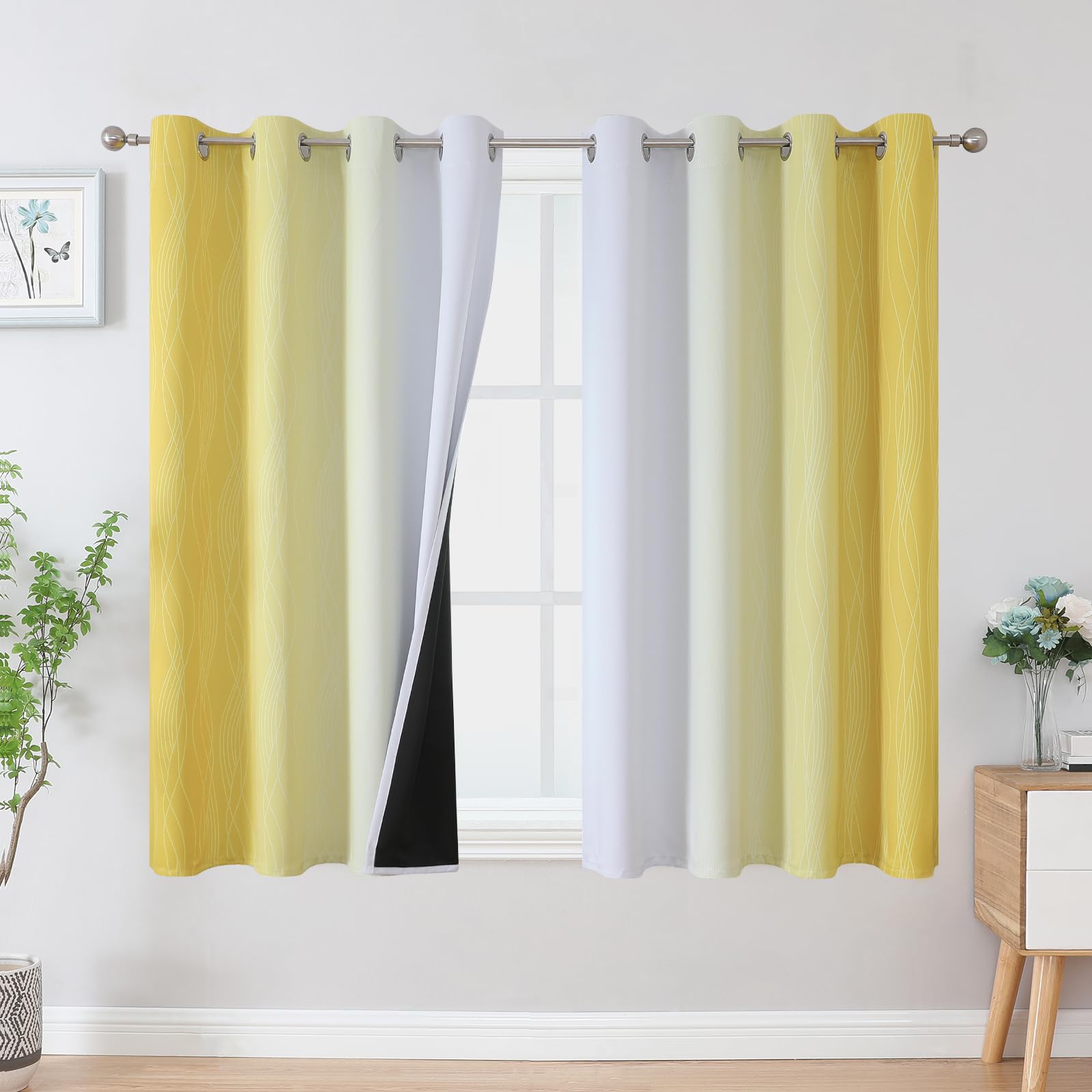 Estelar Textiler Yellow and Greyish White Blackout Curtains 45 Inch Length, Light Blocking Gradient Drapes for Bedroom, Thermal Insulated Grommet Ombre Curtains for Bathroom,52Wx45L,2 Panels