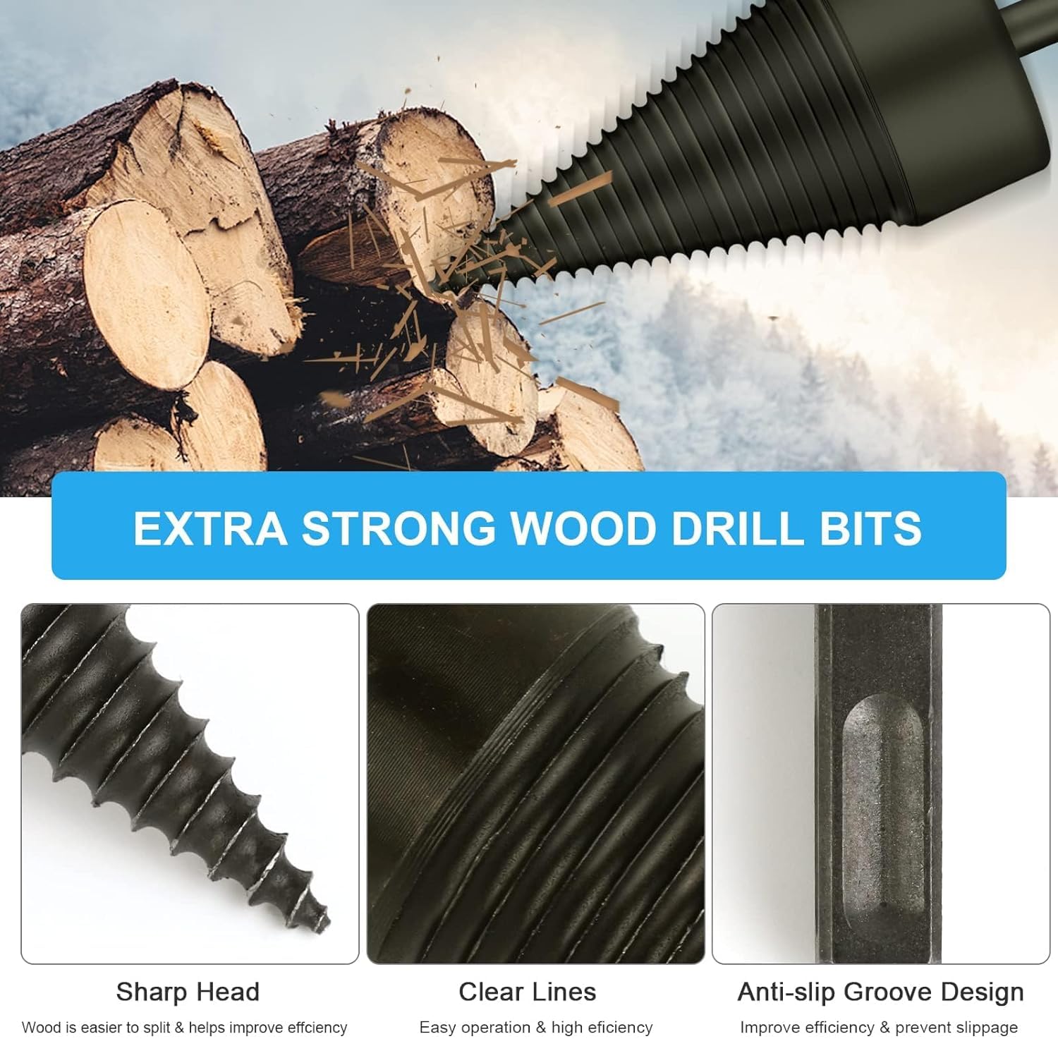 Foret à Bois pour Fendre du Bois, 32mm+42mm Fendeur de Buche, Foret Conique avec 6 Poignées pour Perceuse Électrique