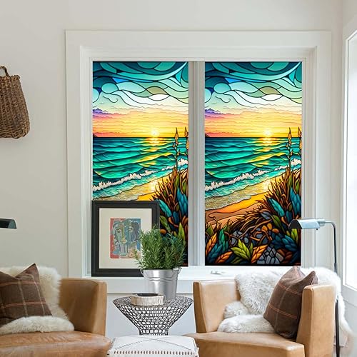 Miniatura 4 de Uneeruiqy Lámina retro para ventana, no adhesiva, colorida, puesta de sol, privacidad, decorativa, adherencia estática, 17.7 x 39.4 in, tamaño único