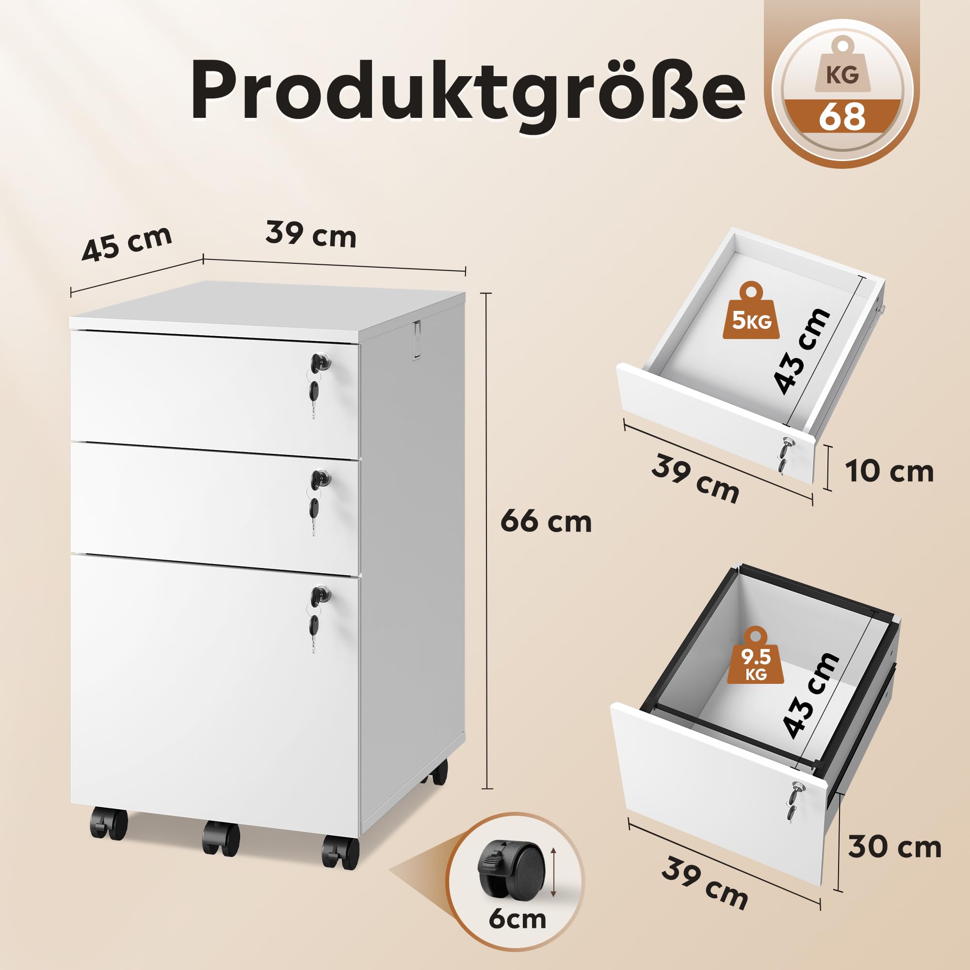 DEVAISE Rollcontainer mit 3 Schubladen, Mobiler Aktenschrank mit Rollen, Druckertisch für DIN A4/Legal/Letter, Schreibtisch Unterschrank für Büro und Home Office, Weiß