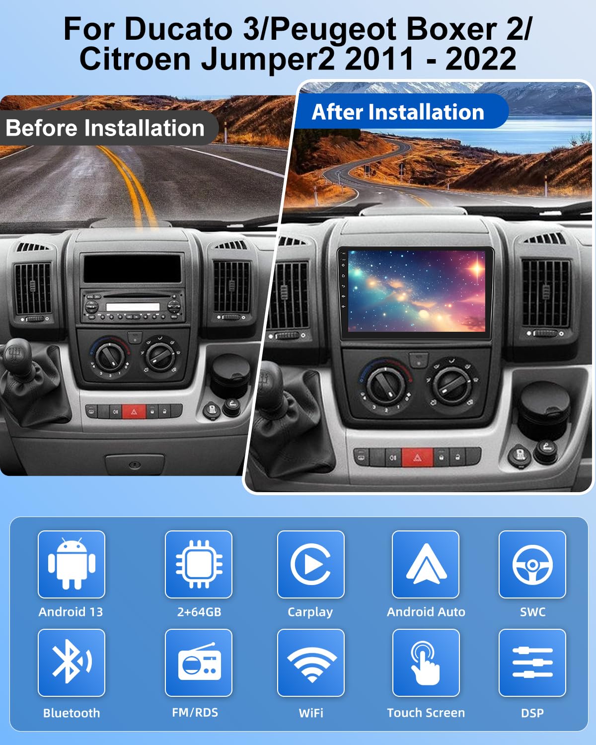 NHOPEEW Autoradio 2G+64G pour Ducato 3/Peugeot Boxer 2/Citroen Jumper2 2011-2022 - Carplay et Android Auto sans Fil - Autoradio 9 Pouces avec WiFi, égaliseur, GPS, FM RDS et caméra de recul AHD