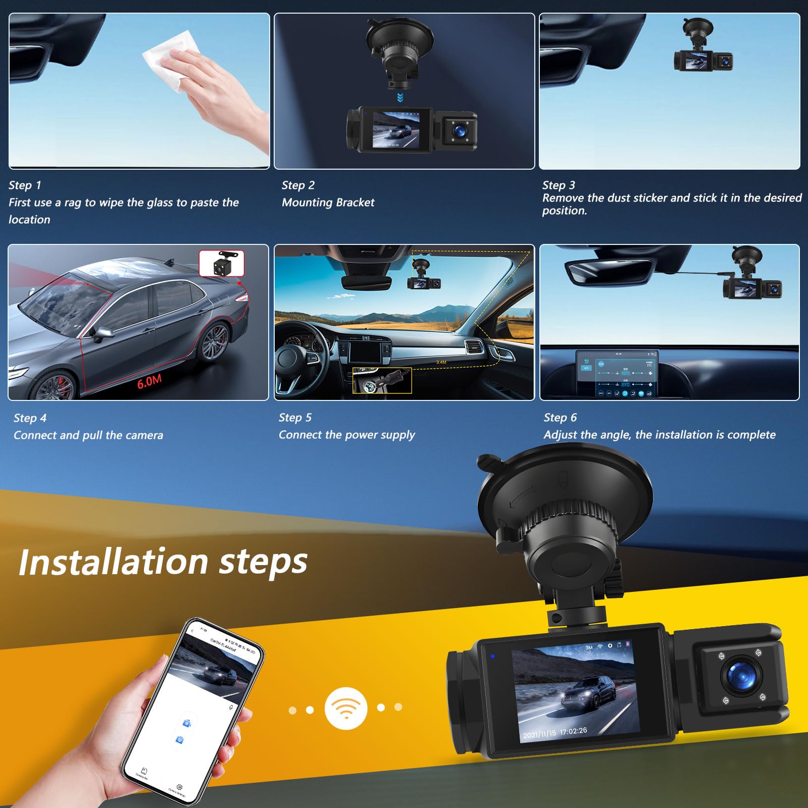 SIXTOP Dash Cam avec Caméra de Recul 1080P Full HD - Caméra de voiture avec WiFi et Application, Vision Nocturne, Mode Stationnement et Grand Angle 150° - Incl. Détection de Mouvement et Enregistremen