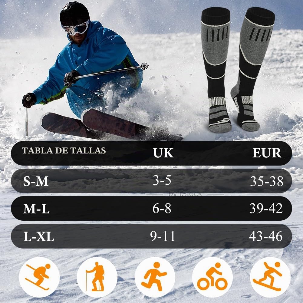 flintronic 2 Pares Calcetines Esqui, Calcetines Altos De Compresión, Snowboard Calcetine Termicos Frio Extremo Gruesos, Hasta La Rodilla, Para Hombre, Mujeres Y Jóvenes