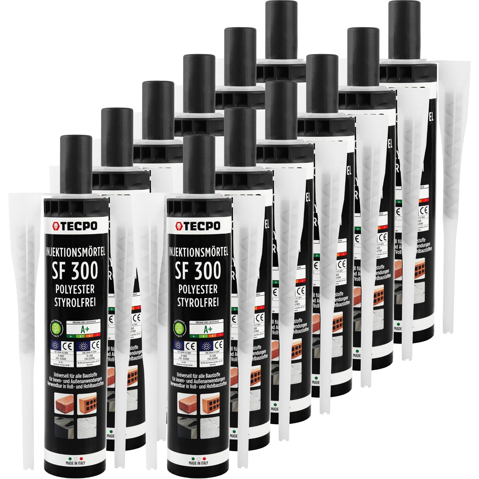 TECPO 12 morteros de inyección SF 300 ml, incluye mezclador estático para mortero de vebundsmortel, pegamento de ancla, para interior y exterior, para fijación de materiales de construcción sólidos y