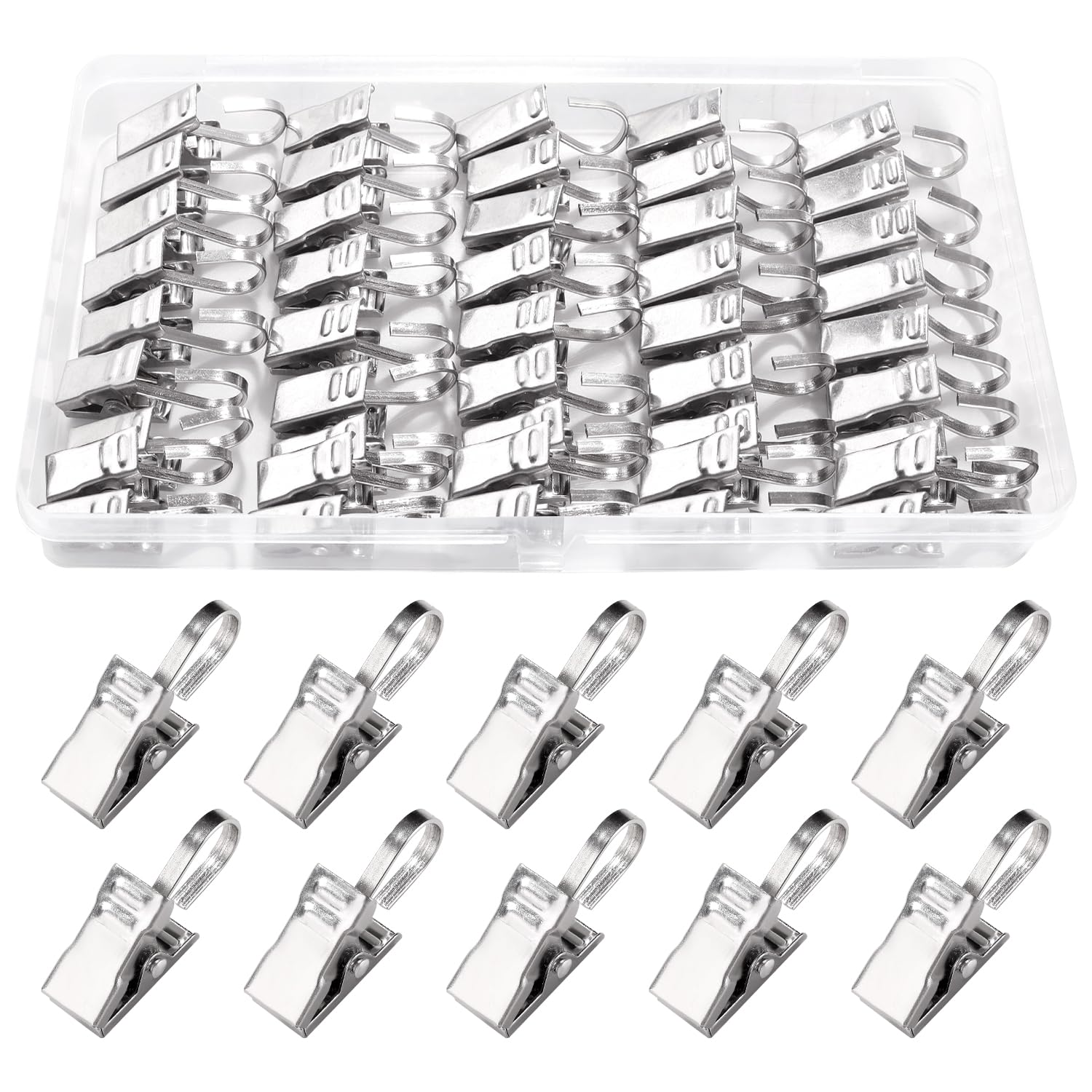 Lyeteung 50 PCS Curtain Clips with Hooks, Stainless Steel Curtain Clips, for Photos, Art Craft Hanger Hanging Home Decoration, Silver