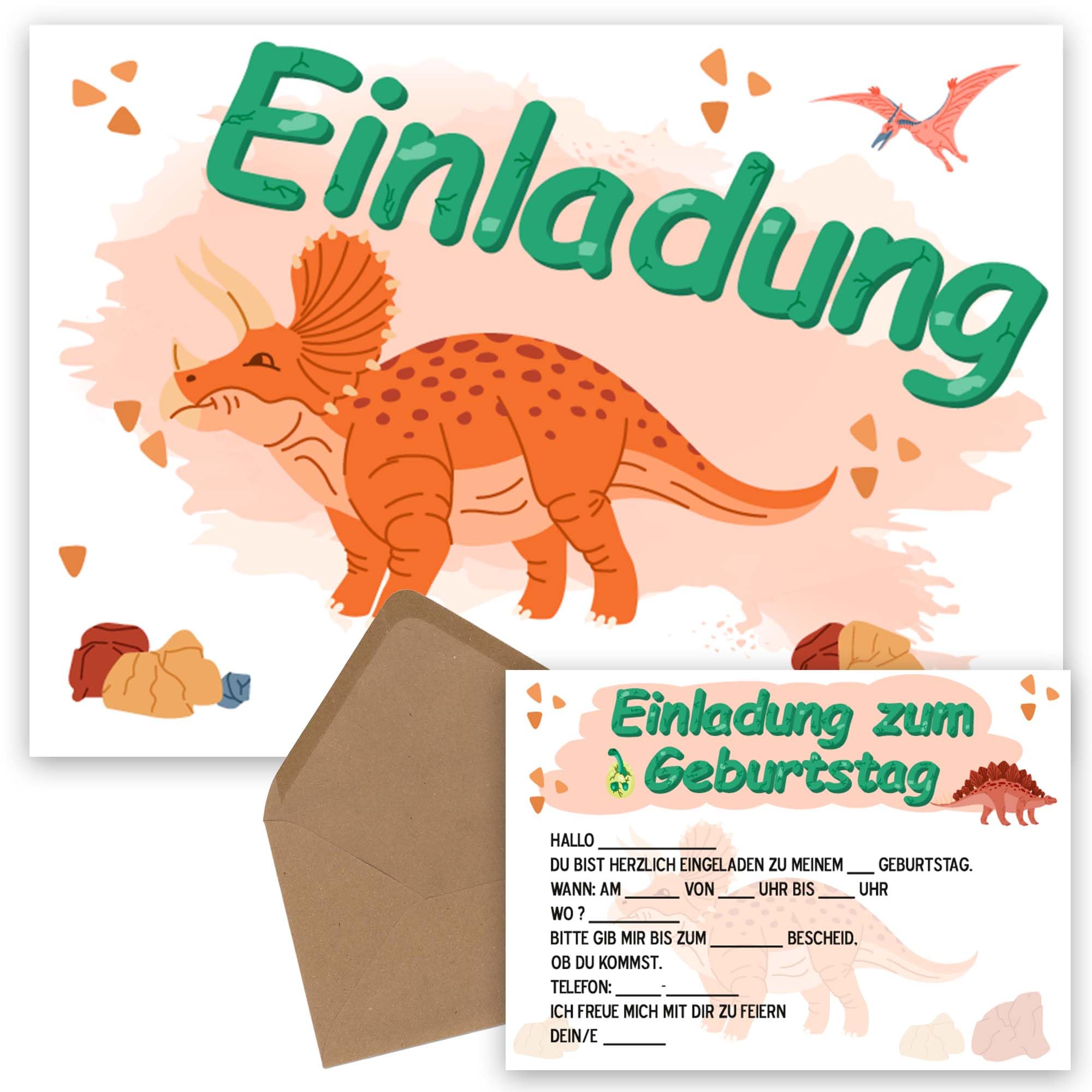 OWLBOOK Triceratops 50 Einladungskarten Kindergeburtstag Junge Jungs Dino Dinosaurier - Geburtstageinladungskarte für Jungen - Kinder Geburtstag Einladungen zur Geburtstagsfeier zum ausfüllen mit
