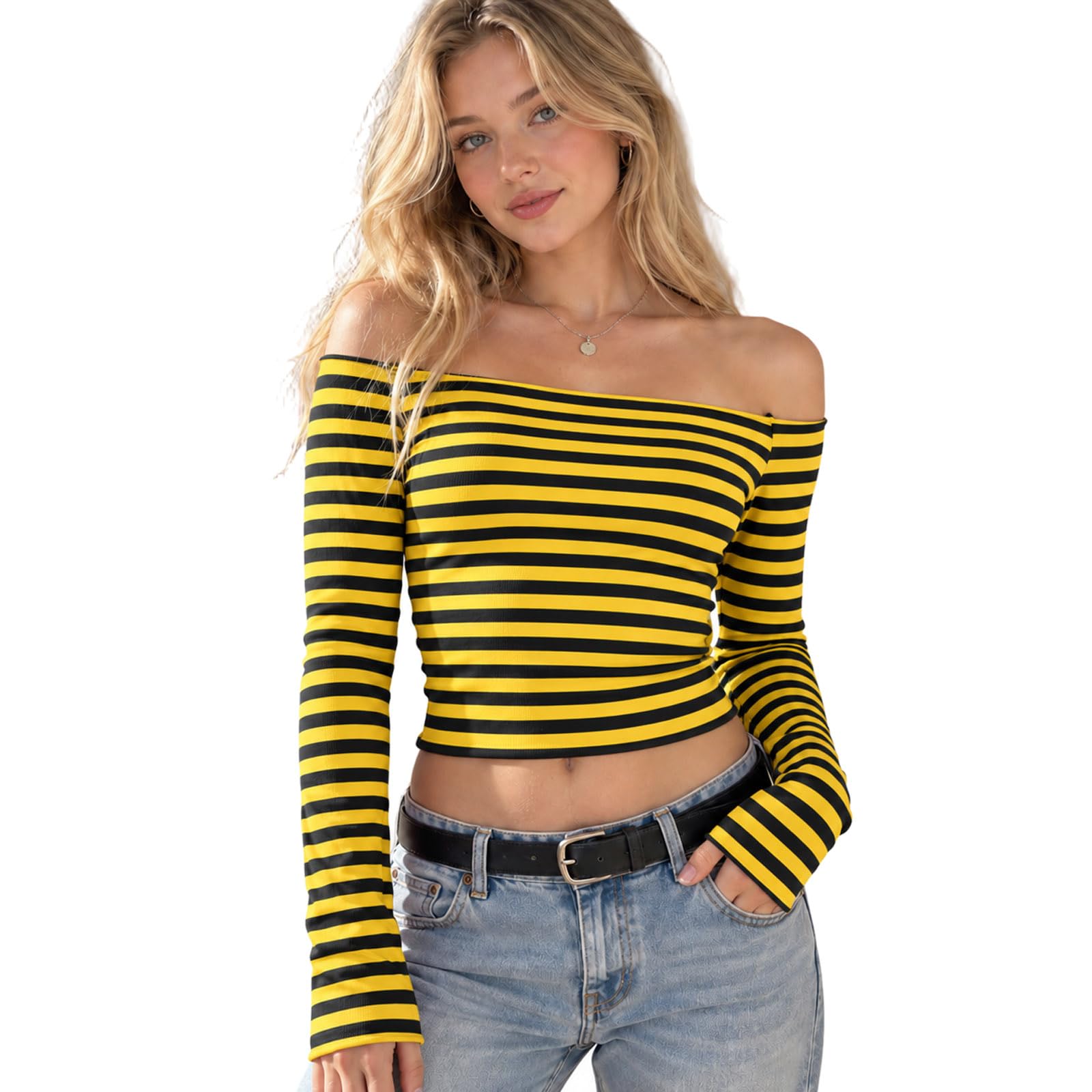 Striped Long Sleeve Top Women Striped Halloween T-Shirt Round Neck Slim Fit Top Off Shoulder Crop Tops Y2k Long Sleeve Going Out Tops Casual Witchy Style Blouse for Halloween Party Wear (b-Yellow, M)