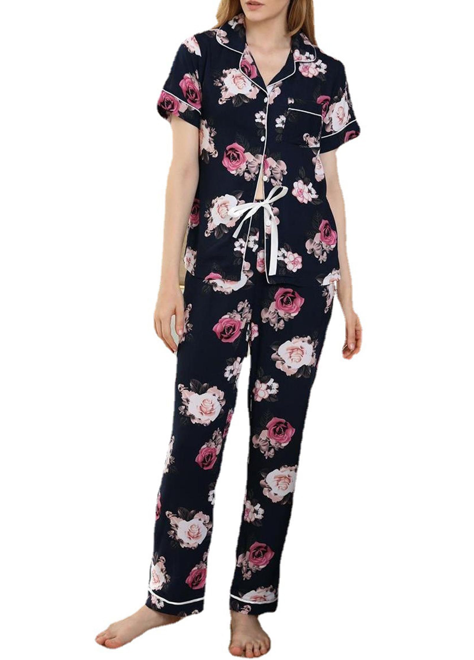 Femmes Manches Courtes Pyjamas Set Lapel Sleepwear Button Down Nightwear avec Pantalon Long Loungewear