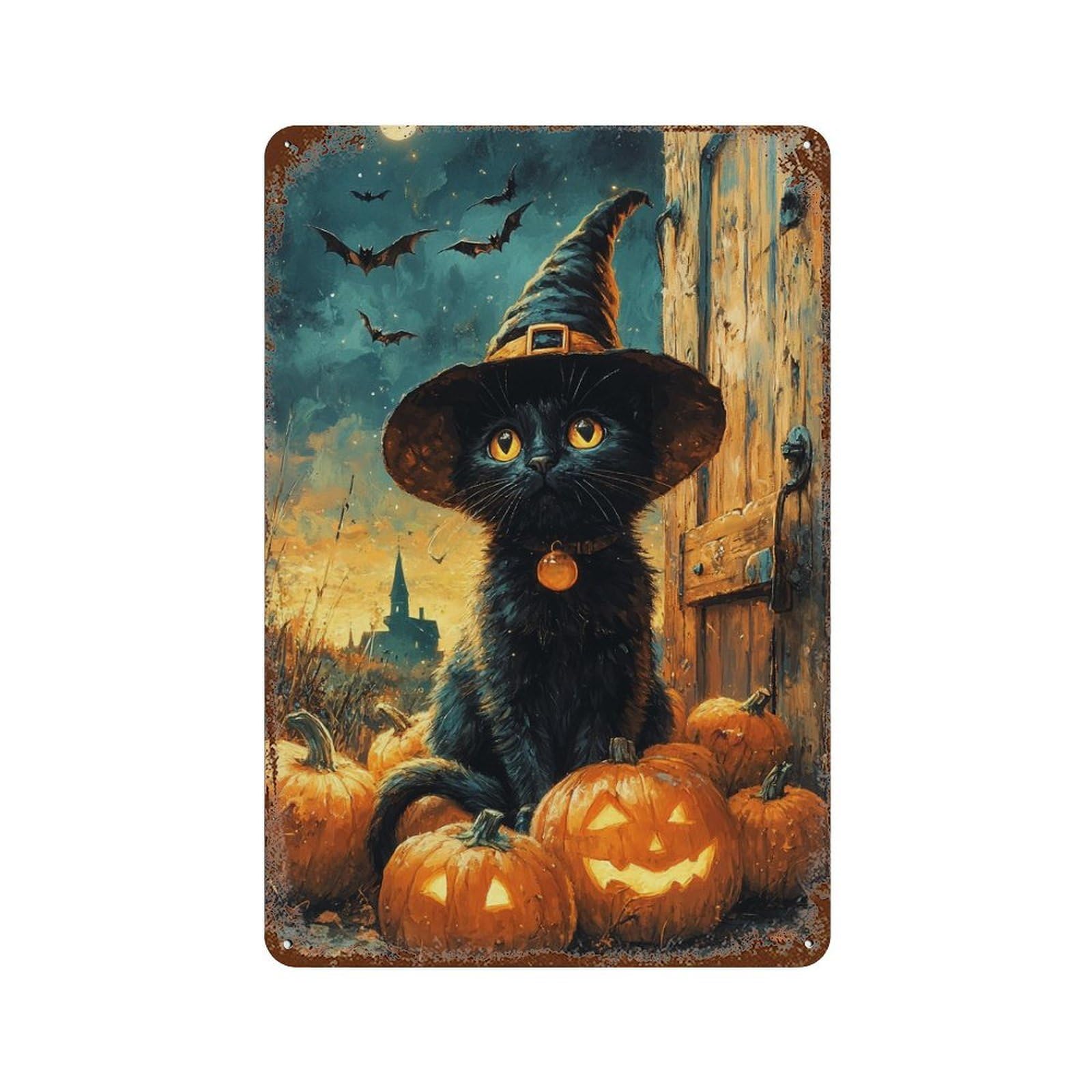 Halloween Black Cat with Pumpkins Decorative Tin Sign 11.8"x7.9", for Garage, Bar And Workshop Decor, Novelty Wall Decor