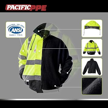 PACIFIC PPE High Visibility Reflective Jackets for Men, Waterproof Safety Bomber Jacket with Pockets, Winter Rain Jacket Hi Vis Reflective, ANSI Class 3 Work Rain Coat, XX-Large