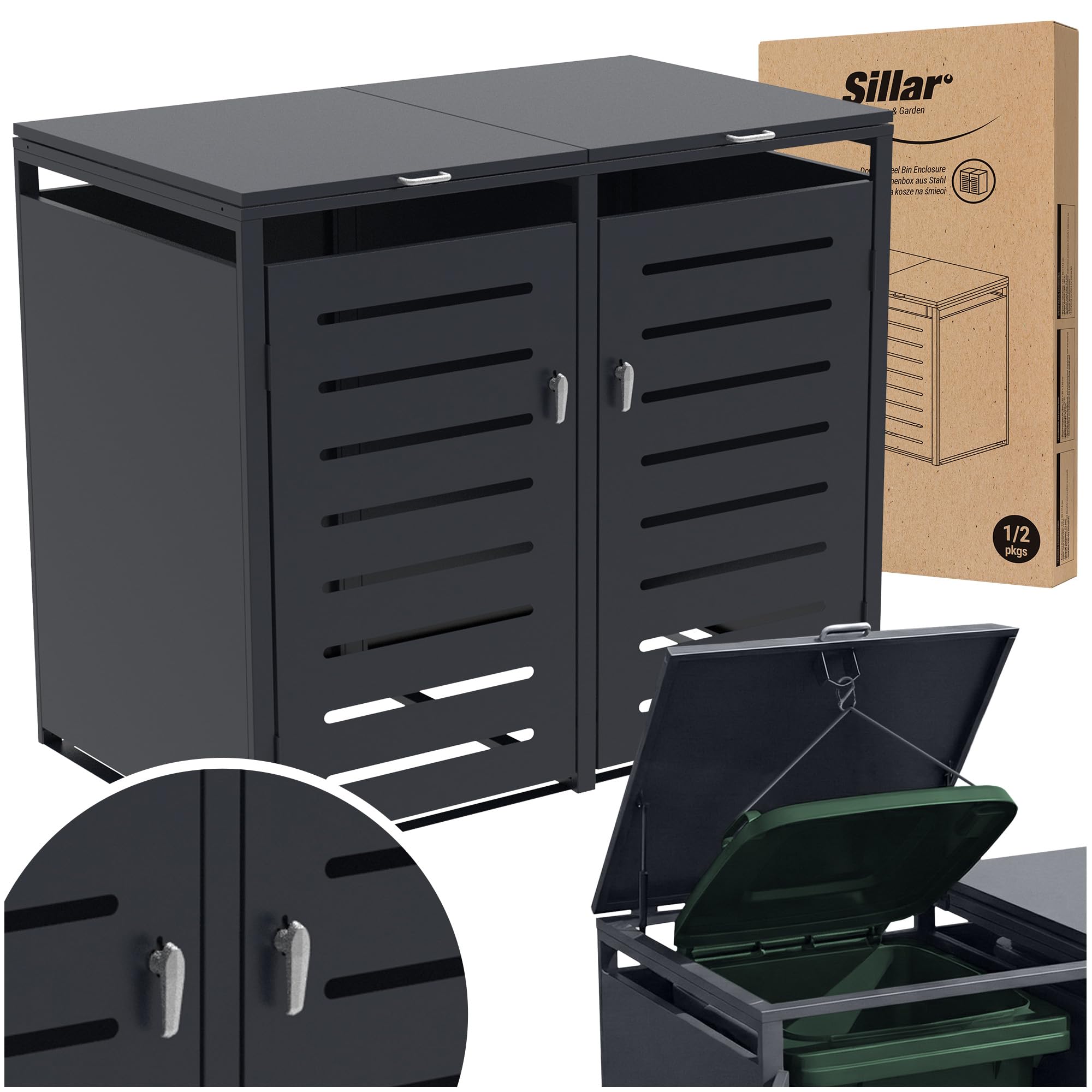 Sillar Mülltonnenbox 2er aus Metall für 120/240 L, Anthrazit, abschließbar