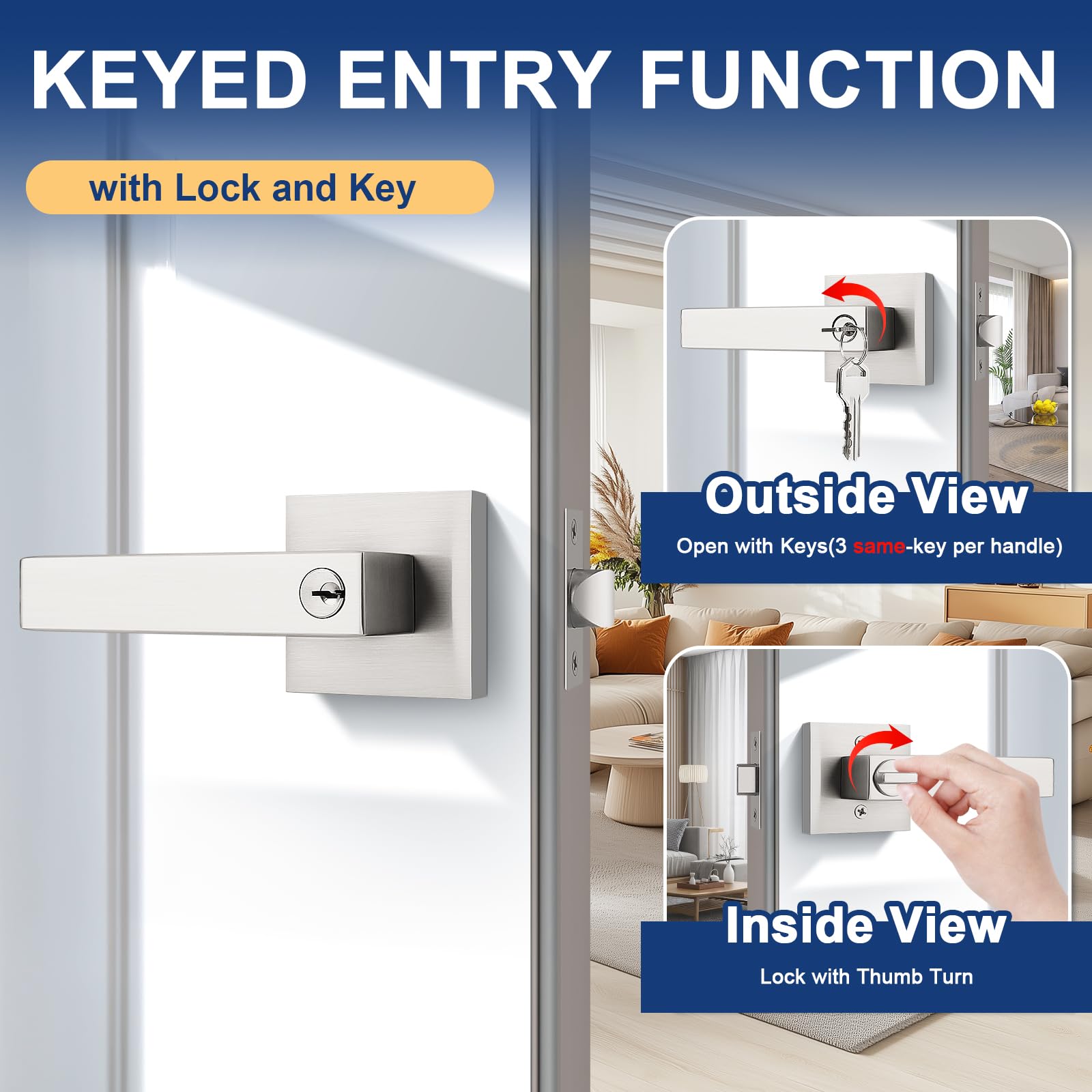 Brushed Nickel Keyed Door Handles - Secure & Stylish -2