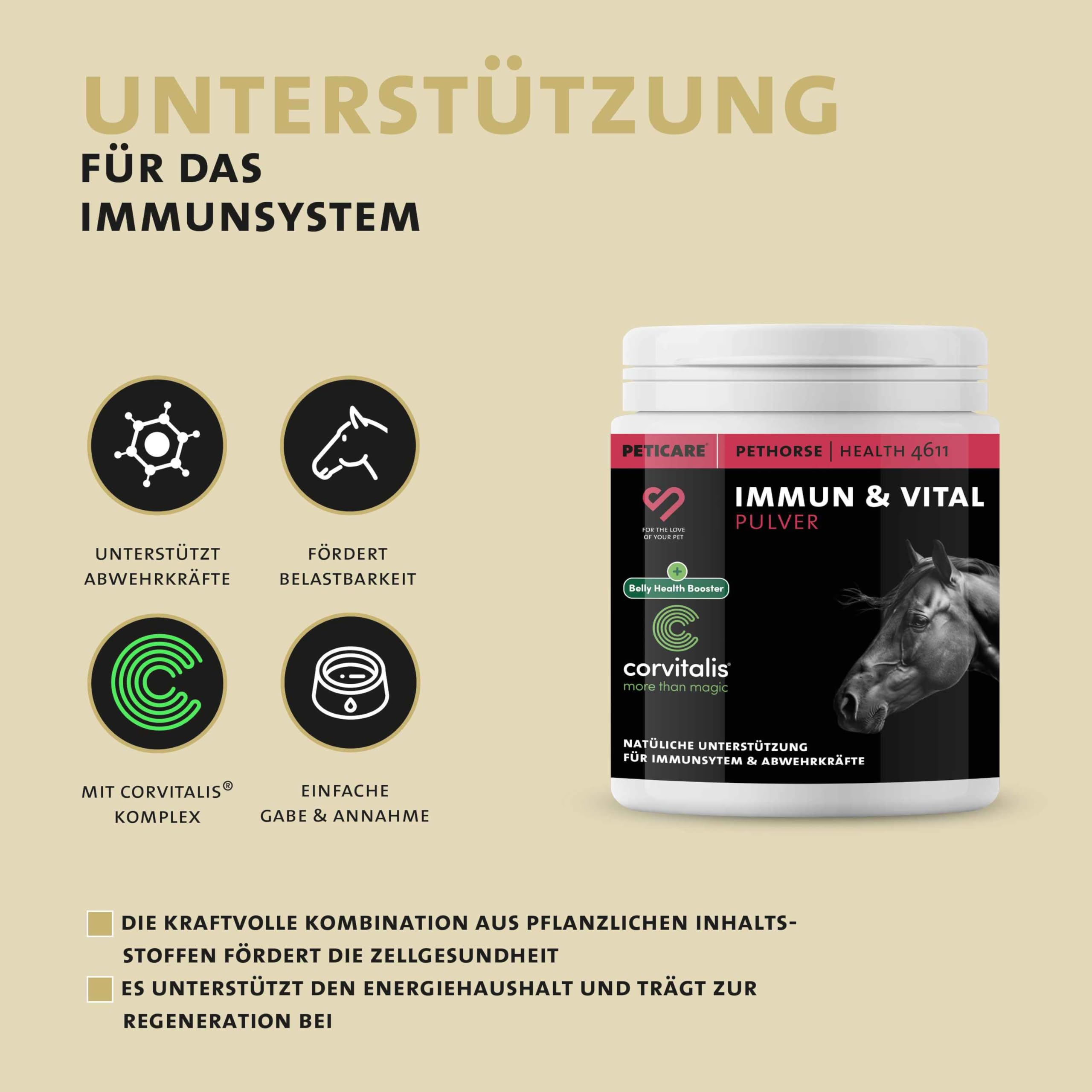Peticare Poudre Immunité & Vitalité pour Chevaux | Soutient défenses Naturelles & Protection cellulaire | avec Ginseng, échinacée & polyphénols | Complément Naturel | petHorse Health 4611
