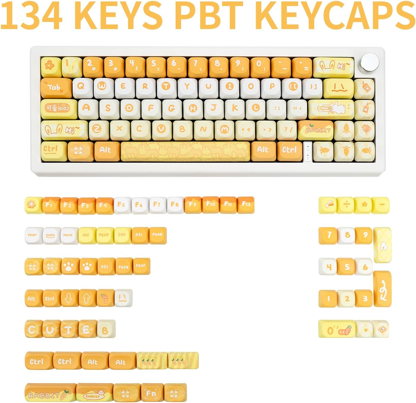 Cute Bunny Keycap Set, 134 Key PBT Keycaps, MOA Profile Kawaii Custom Keycaps for Mechanical Keyboard, Compatible with ANSI Layout 60%, 65%, 75%（Yellow）