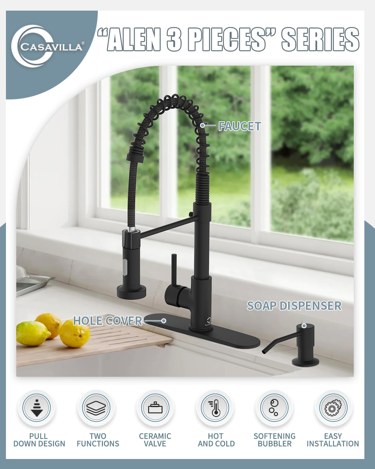 Juego de grifos de cocina, grifos de fregadero de cocina negros con pulverizador extraíble y dispensador de jabón,