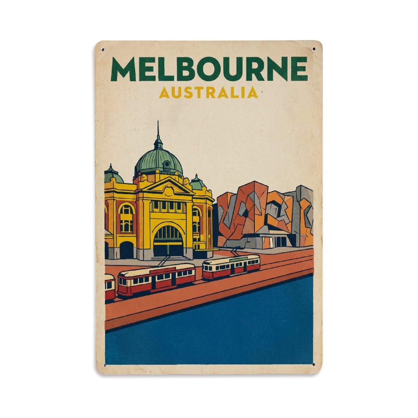 Travel Retro Australia Melbourne Metal Tin Sign Plaque Wall Decor for Cafe, Club Bar, Office, Garden Metal Poster 8x12Inch