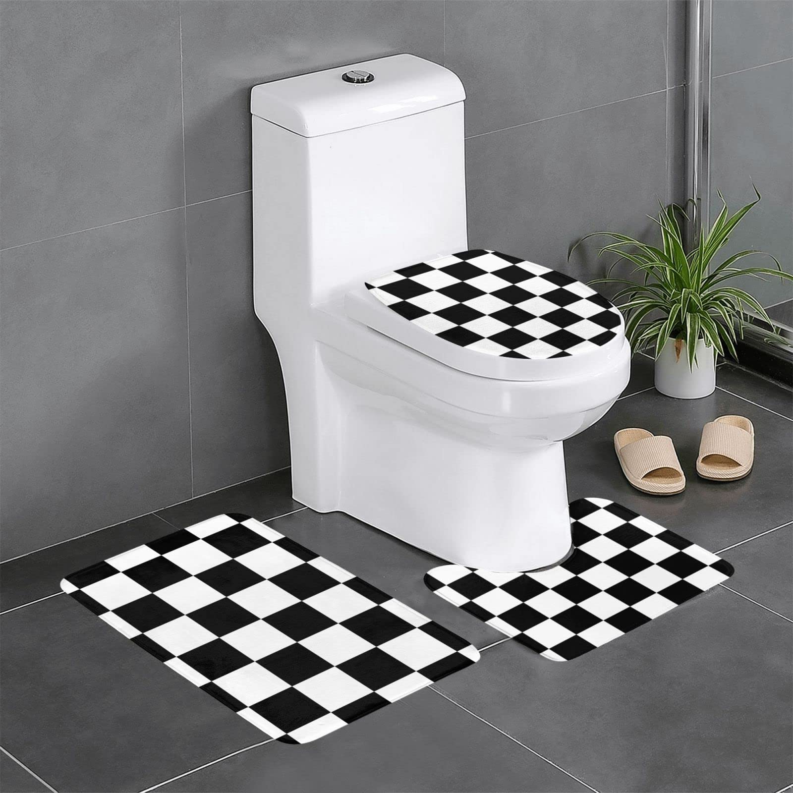 TWACAL Black White Race Checkered Flag Bathroom Rug Set of 3 -Soft and Comfortable with Non-Slip Backing - Absorbent and Machine Washable 24x16in