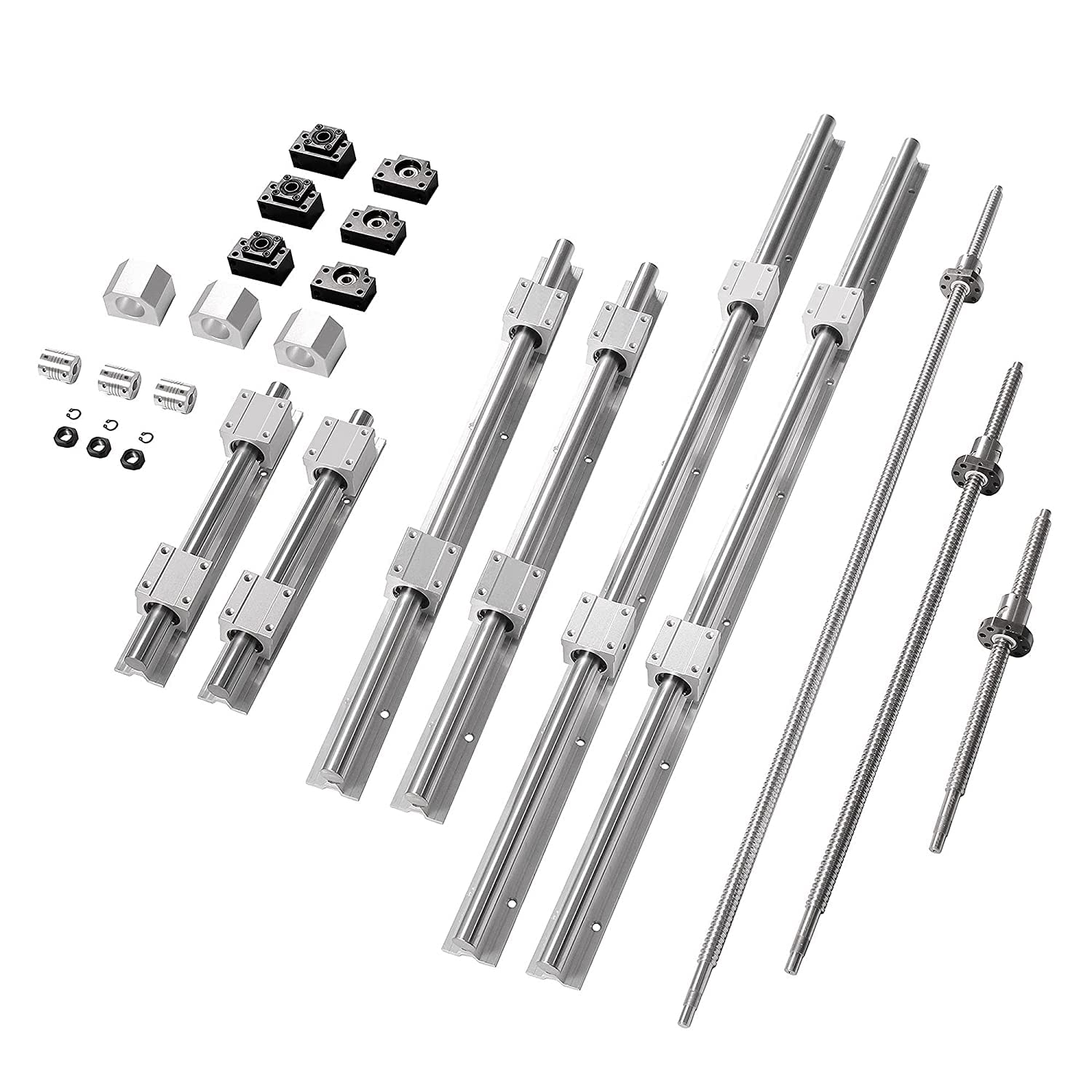CNCMANS SBR16-500/1200/1200 mm - 6 guides linéaires de 16 mm avec 12 blocs coulissants SBR16UU + SFU1605-500/1200/1200 mm en acier inoxydable avec vis circulaires BF12 / BK12 et accessoires CNC.