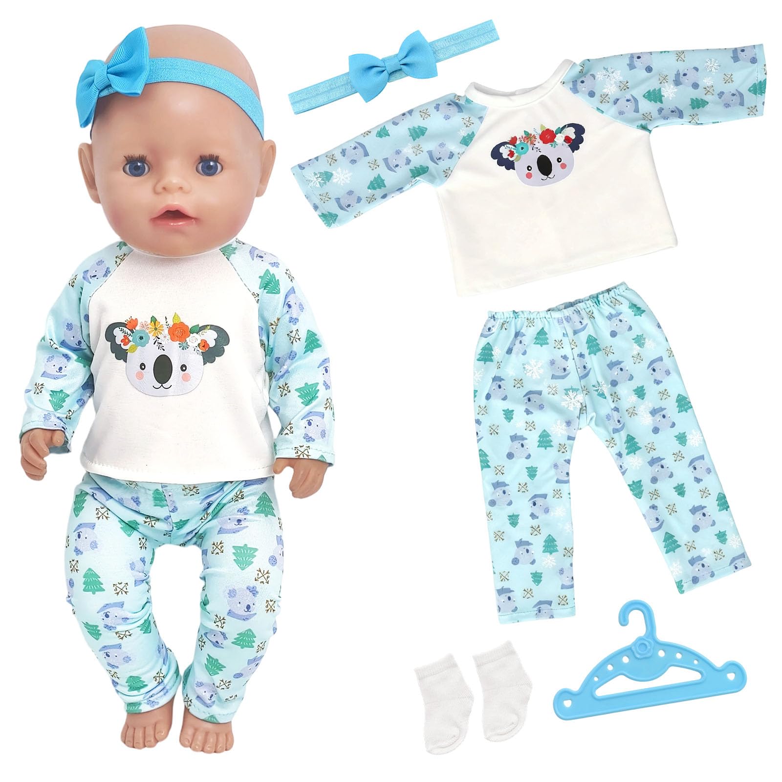 Puppenkleidung für Babypuppen 35-43 cm, 5 Stück Puppenkleidung Outfit, 1 Oberteil mit Tierelementen, 1 Hose, 1 Stirnband, 1 Paar Socken, 1 Kleiderbügel, Puppenkleidungs Set für Kinder Mädchen Jungen