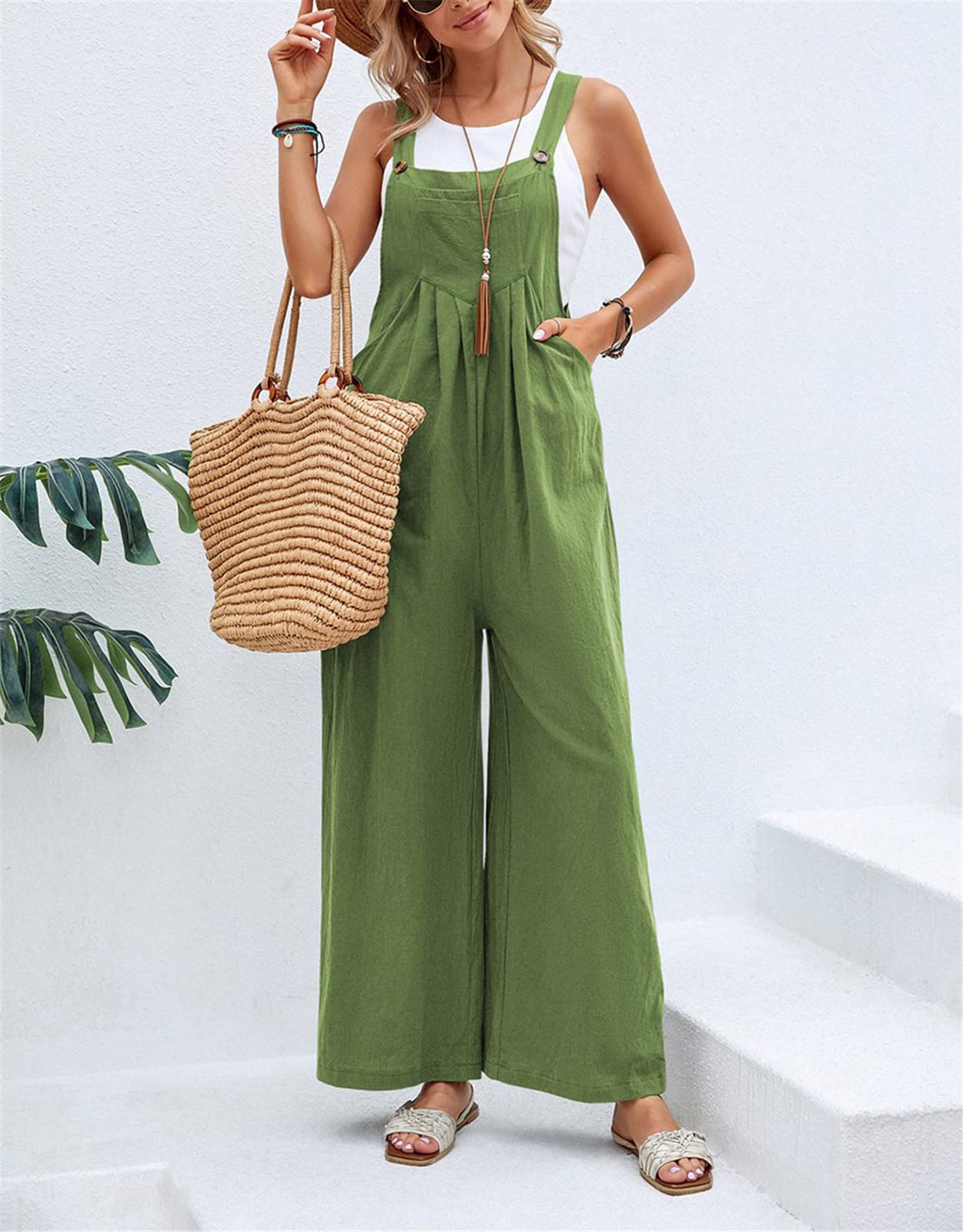 SotRong Salopette pour femme - Combinaison à jambes larges, poches et bretelles - Coupe ample - Style bohème - Sans manches - Tenue d’été