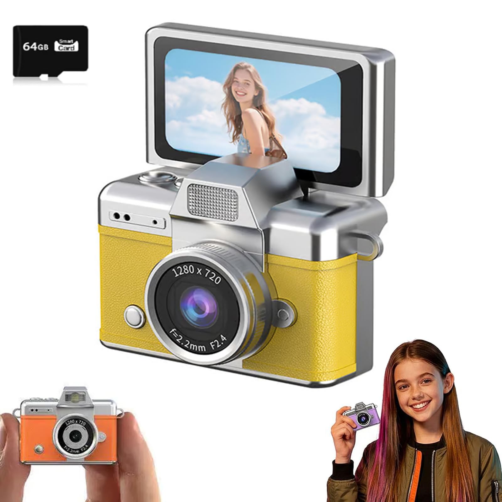 Mini Digital Camera with 1.47 in LCD Screen, 1080P Flip Screen Mini Camera with Built-in Flash & Flip Display, Portable Keychain Camera for Travel & Daily Use, with a 64GB Memory Card (Yellow)-image-13