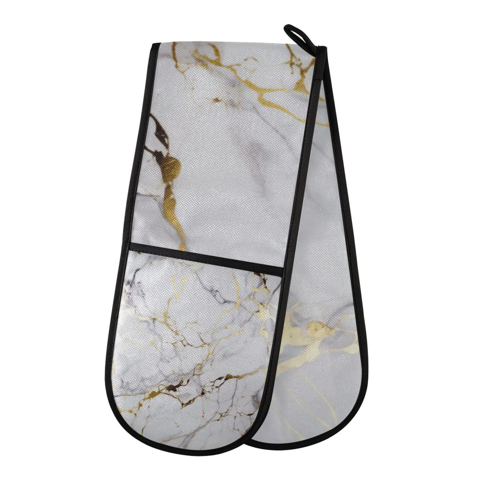 Oven Gloves Double Oven Gloves White Marble Gold Marble Oven Mitts Pot Holder Heat Resistant Quilted for BBQ Baking Kitchen Cooking Gloves