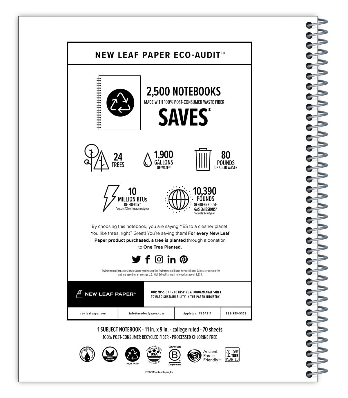 New Leaf Paper Large Spiral Bound Recycled Notebook, Sugarcane Design, 11" x 9", 70 Sheets, Single-Wire, College Ruled, Vegan, Made in USA image 3