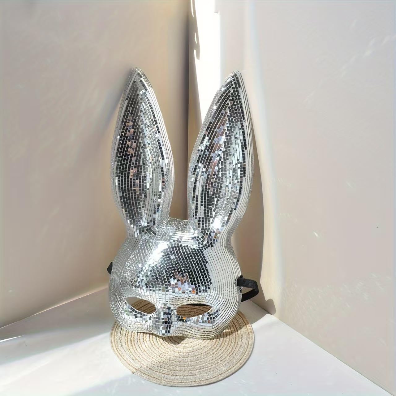 Disco Ball Bunny Mask, Silver Mirror Mosaic, Party Costume Accessory