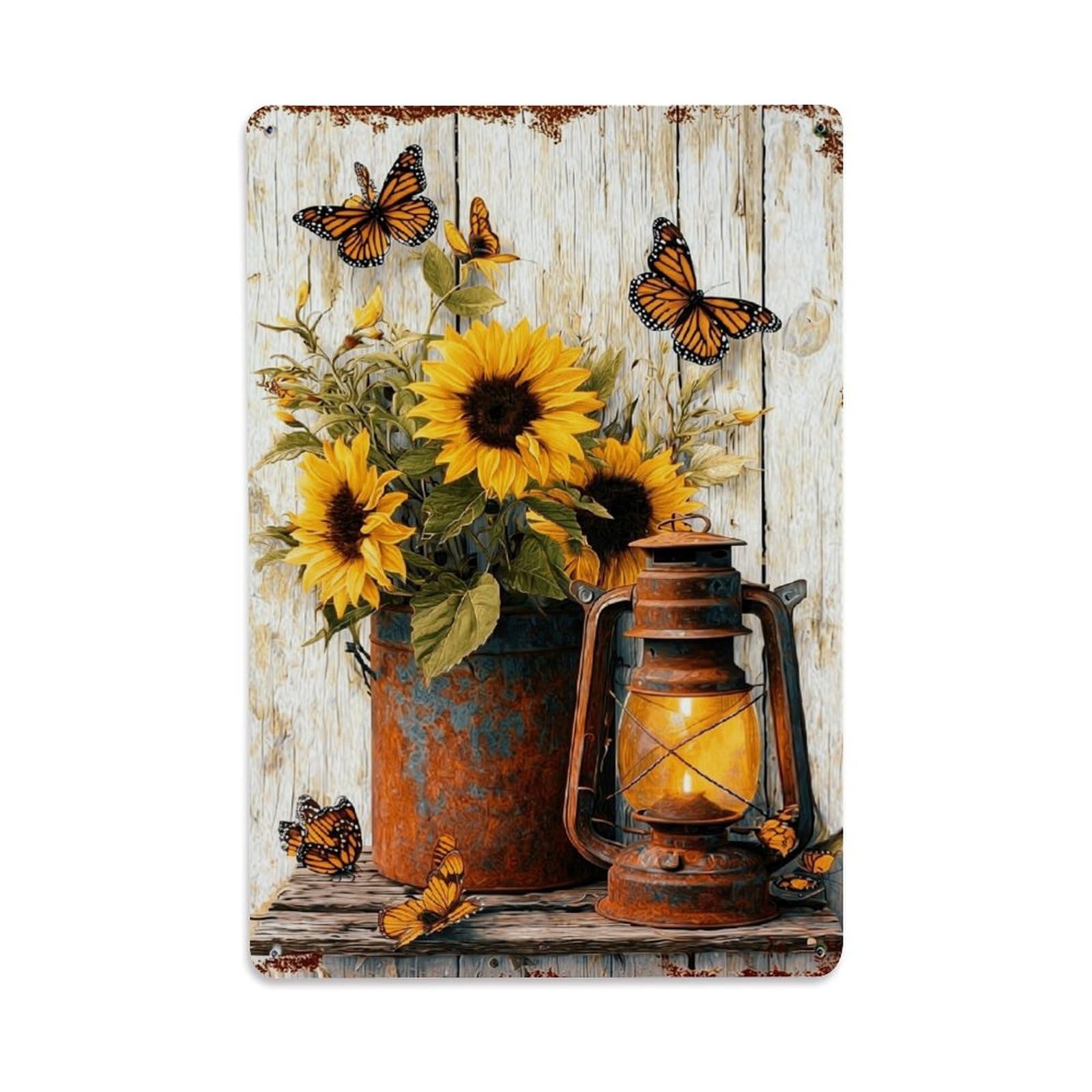 Nestemfo Vintage Sunflowers Butterflies Rustic Lantern Wood Tin Sign Metal Sign, Living Room,Bar, Home, Bedroom Wall Decor,Retro Metal Poster 8X12 Inches